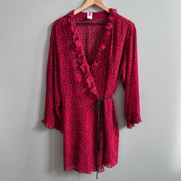 Natori Robe & Nightgown Set Red and Black Leopard Spots Ruffle Size Medium Large - Picture 1 of 12